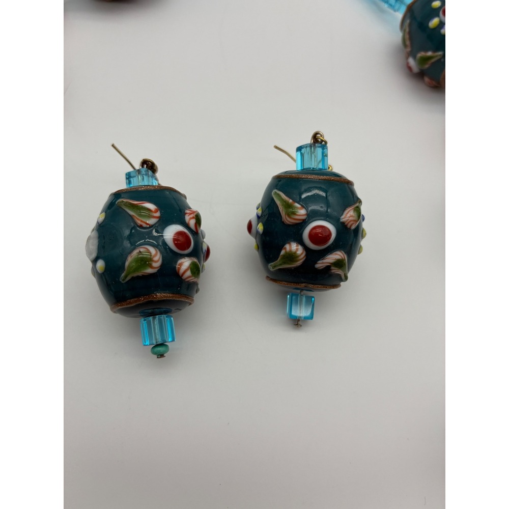 Vintage Lampwork Glass & Copper Bead Necklace Earring Set Teal Blue Floral Leaf - Picture 3 of 8